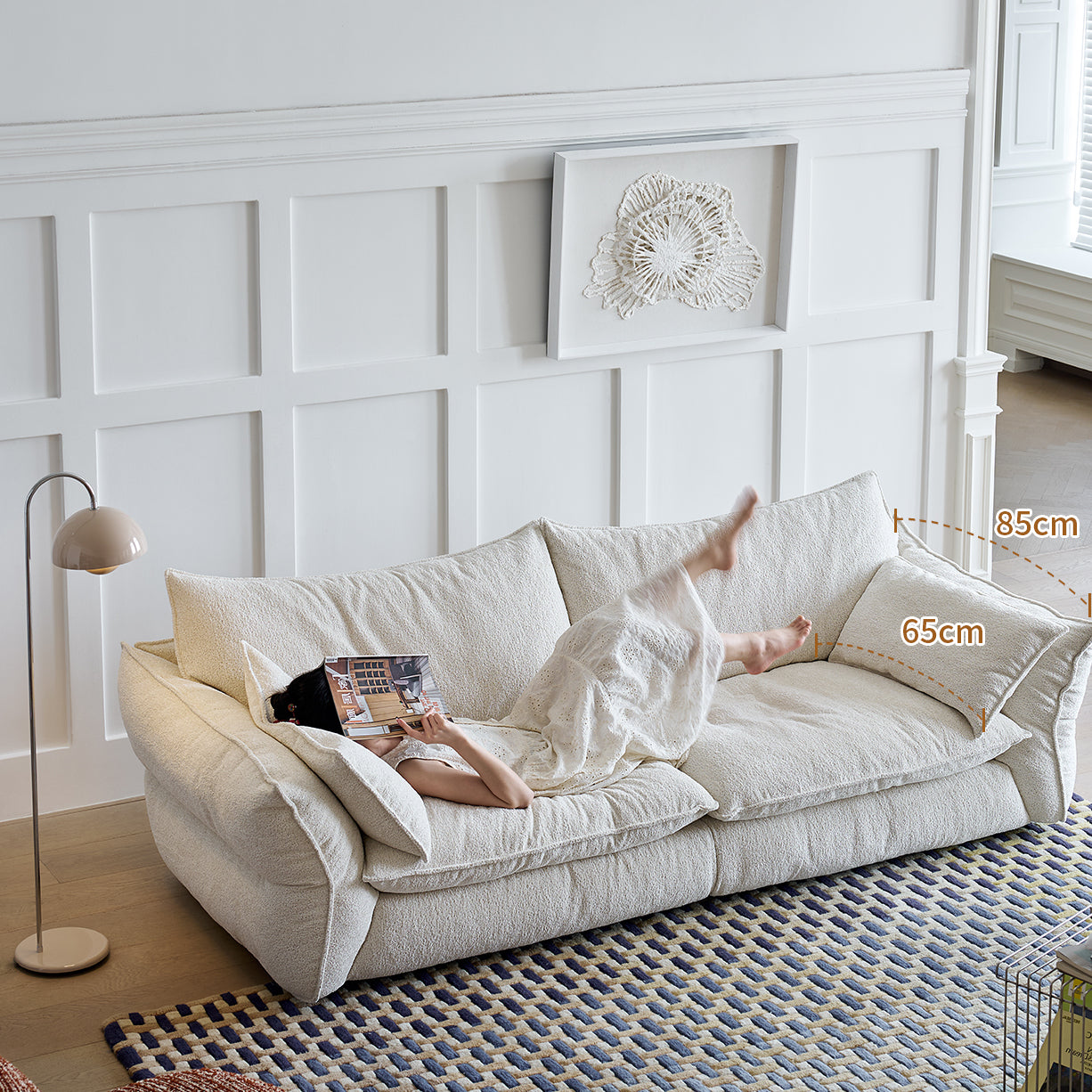 Designer French Cream Sofa with Feather Cushions for Cozy Living Room